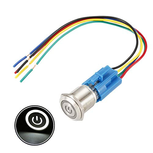 uxcell Momentary Metal Push Button Switch 19mm Mounting Dia 1NO 1NC 12V White LED Light with Socket Plug Wires