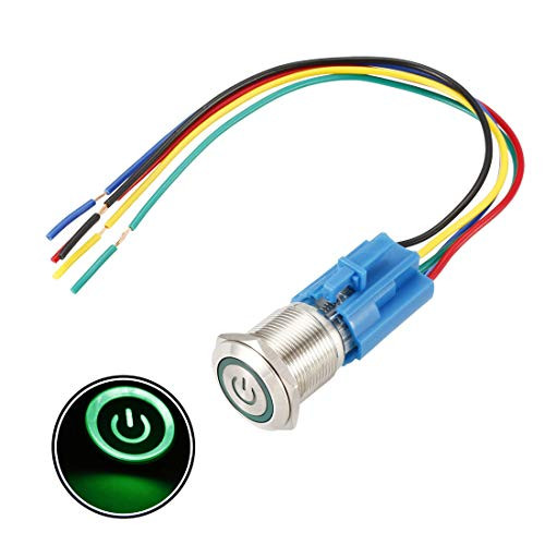uxcell Momentary Metal Push Button Switch 19mm Mounting Dia 1NO 1NC 24V Green LED Light with Socket Plug Wires