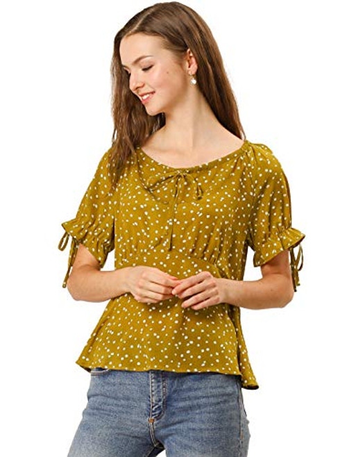 Allegra K Womens Summer Ruffle Short Sleeve Blouse Casual Bow Tie Shirts Neckline Peplum Floral Tops S Yellow