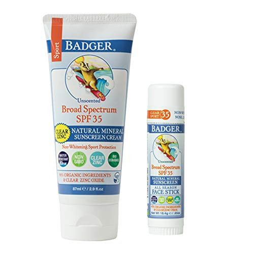 Badger  SPF 35 Clear Zinc Sport Sunscreen Cream Unscented 29 fl oz  SPF 35 Clear Zinc Sport Sunscreen Stick Unscented 065 oz Water Resistant Reef Safe Sunscreen