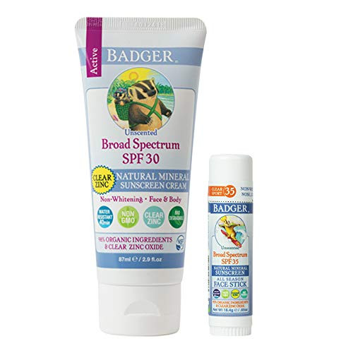 Badger  SPF 30 Clear Zinc Sunscreen Cream Unscented 29 fl oz  SPF 35 Clear Zinc Sport Sunscreen Stick Unscented 065 oz Water Resistant Reef Safe Sunscreen