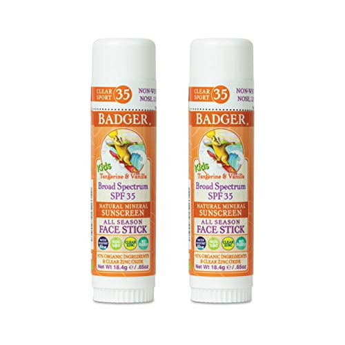 Badger  SPF 35 Clear Zinc Kids Sunscreen Stick  Tangerine  Vanilla  Broad Spectrum Water Resistant Reef Safe Sunscreen Natural Mineral Sunscreen with Organic Ingredients 065 oz 2 Pack