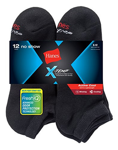 Hanes Mens FreshIQ XTemp Active Cool NoShow Socks 12Pack 612 Black