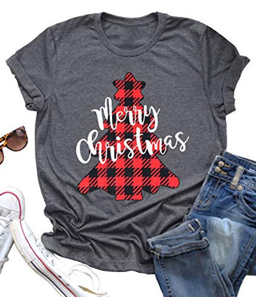 Merry Christmas Shirt Women Buffalo Plaid Christmas Trees Print Casual Short Sleeve Tshirt Holiday Graphic Tees Tops Gray Merry Christmas Shirt Women Buffalo Plaid Christmas Trees Print Casual Short Sleeve Tshirt Holiday Graphic Tees Tops Gray