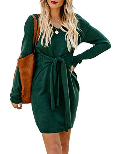 Acelitt Womens Casual Long Sleeve Crewneck Knit Sweater Dress Tie Waist Mini Dresses Fall Winter Green Medium