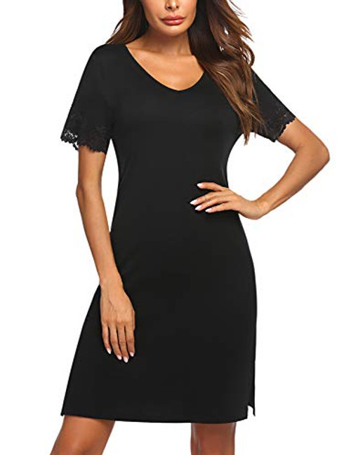 ADOME Womens Sleepwear V Neck Nightshirt Cotton Nightgown Lace Loose Loungewear Midi Casual Sleep Dress Nightwear Black M