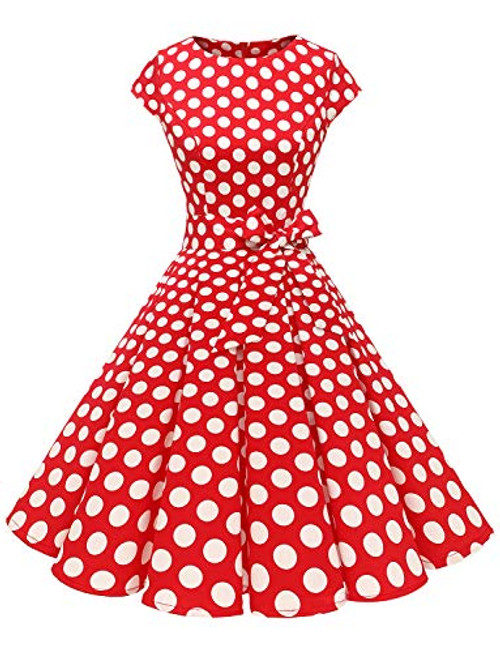 Dressystar 1956 Women Vintage Cocktail Dress 1950s Retro Rockabilly Prom Dresses CapSleeve Red White Dot B L