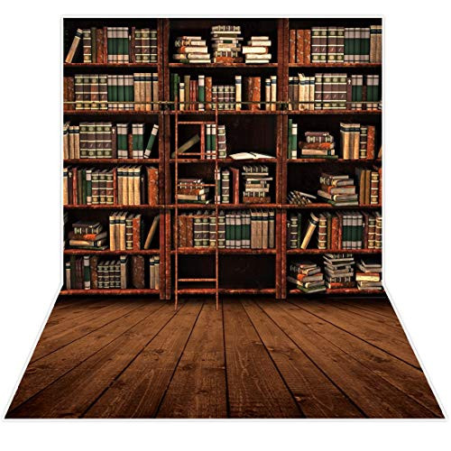 Allenjoy 5x7ft Vintage Bookshelf Backdrop Library Retro Bookcase Ladder Wood Floor Photography Background for Students Teachers Online Teaching Back to School Decor Banner Portrait Photo Booth Props