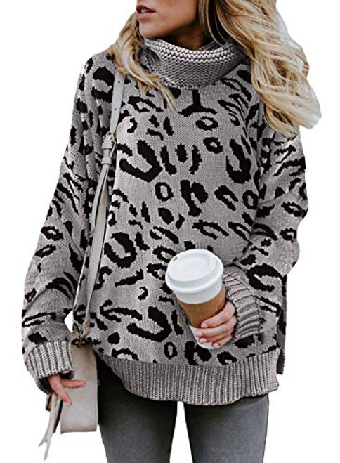 Asvivid Womens Leopard Printed Turtleneck Knit Sweater Winter Warm High Neck Long Sleeve Pullover Ladies Casual Loose Jumper Tops S Grey Asvivid Womens Leopard Printed Turtleneck Knit Sweater Winter Warm High Neck Long Sleeve Pullover Ladies Casual Loose Jumper Tops S Grey