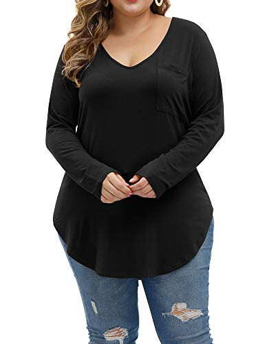 Allegrace Womens Plus Size Tops Long Sleeve Casual Scoop Collar Pocket T Shirts Black 4X