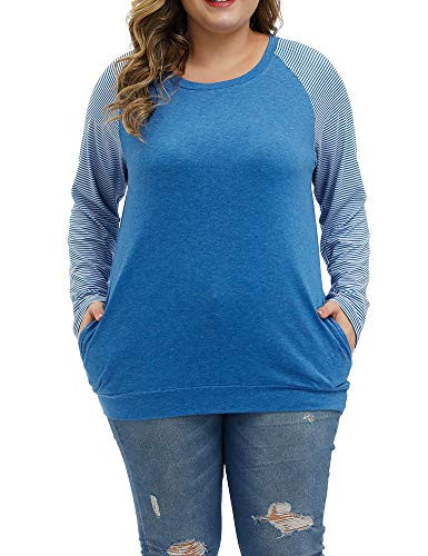Allegrace Plus Size Tops Women Casual Long Sleeve T Shirts Stripe Loose Blouses with Pocket Sky Blue 18W