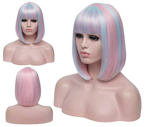 PATTNIUM Short Rainbow Straight Bob Wig with Bangs for Women Rose Net Synthetic Wig Cosplay Halloween Party Wigs Pink and Light Blue PATTNIUM Short Rainbow Straight Bob Wig with Bangs for Women Rose Net Synthetic Wig Cosplay Halloween Party Wigs Pink and Light Blue