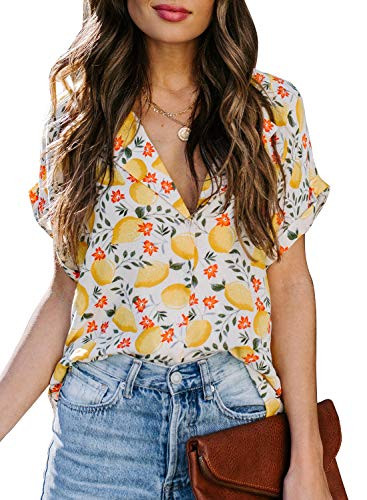 Astylish Womens Summer Autumn Button Down Floral Print Short Sleeve V Neck Shirts Casual Tops Loose Blouse Yellow Small