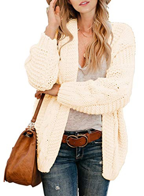 Womens Cardigans Ladies Autumn Warm Cozy Open Front Long Sleeve Chunky Cable Knit Ribbed Cardigan Sweater Large 12 14 White Cream