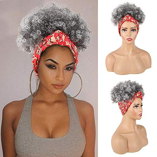 Aisaide Short Curly Wigs for Black WomenSynthetic Wrap Wigs with Headband Attached Short Afro Kinky Curly Wigs High Puff Afro Ponytail Drawstring Gray Wig with Pattern Turban Updo Headband Wig