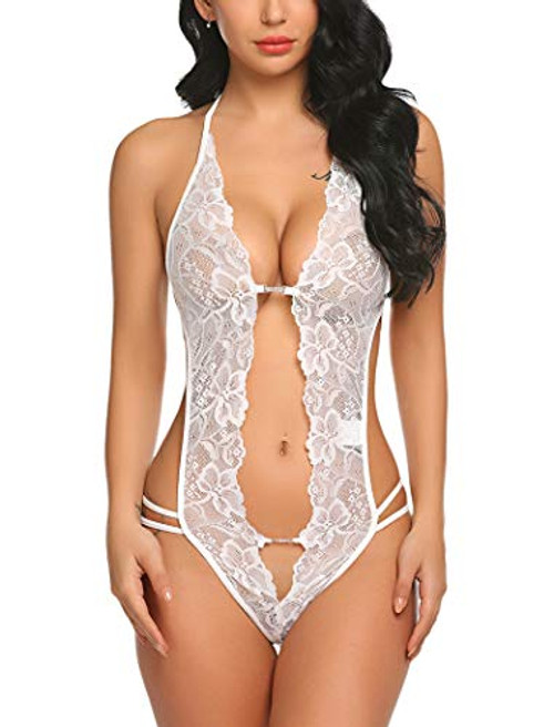 Avidlove Lingerie for Women Lace V Neck Halter Teddy Bodysuit Mini Babydoll White Medium Avidlove Lingerie for Women Lace V Neck Halter Teddy Bodysuit Mini Babydoll White Medium