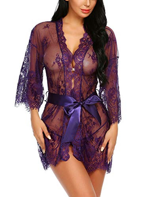 Avidlove Womens Lace Kimono Robe Babydoll Lingerie Mesh Nightgown Lingerie Set Purple M Avidlove Womens Lace Kimono Robe Babydoll Lingerie Mesh Nightgown Lingerie Set Purple M