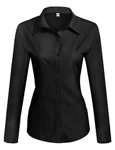 HOTOUCH Women Collared Button Down Long Sleeve Dress ShirtBlackLarge