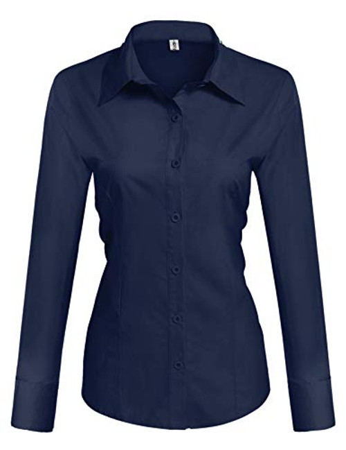 Hotouch Women Blue Button Down Shirt Long Sleeve Oxford Dress Shirts Navy Blue S