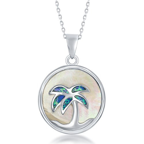 Sterling Silver Mother of Pearl and Created Opal Palm Tree Circle Pendant with 18 Chain