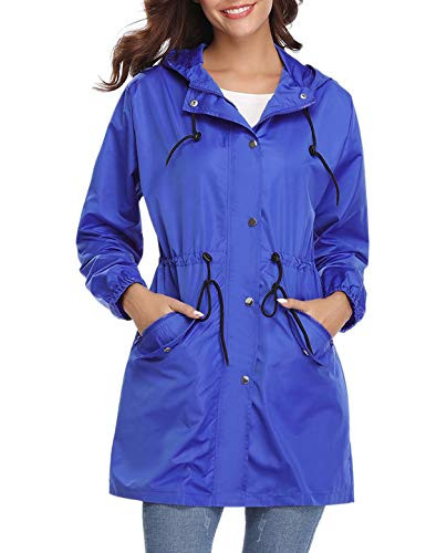 Aibrou Womens Raincoats Windbreaker Rain Jacket Hooded Trench Coats Waterproof Lightweight Outdoor Blue Medium