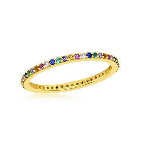 Sterling Silver Gold Plated 2mm Rainbow CZ Eternity Band Ring