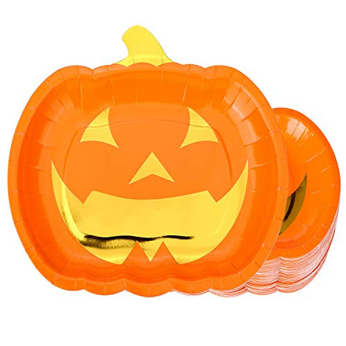 Aneco 50 Pieces Halloween Orange Pumpkin Smliey Plates Disposable Party Plates Party Supplies Dinnerware Plates for Halloween Party