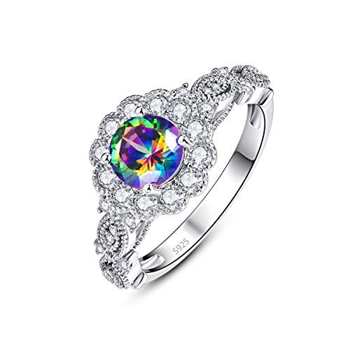 PAKULA 925 Sterling Silver Women Simulated Mystic Topaz Flower Halo Engagement Ring Size 7