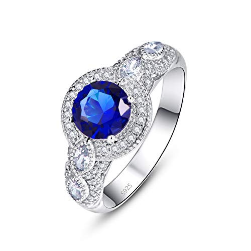 PAKULA 925 Sterling Silver Women Round Simulated Blue Sapphire Quartz Halo Promise Ring for Her Size 9