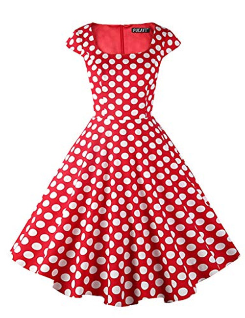 PUKAVT Womens Cocktail Party Dress Cap Sleeve 1950 Retro Swing Dress with Pockets Red White Dot S