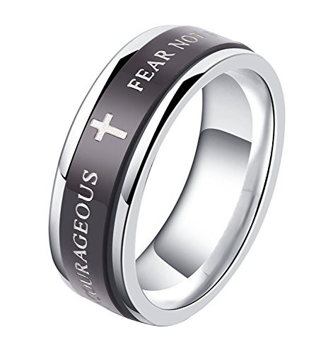 ALEXTINA 7MM Black Stainless Steel Bible Verse Isaiah 4110 Joshua 19 Christian Ring Spinner Wedding Band Size 12