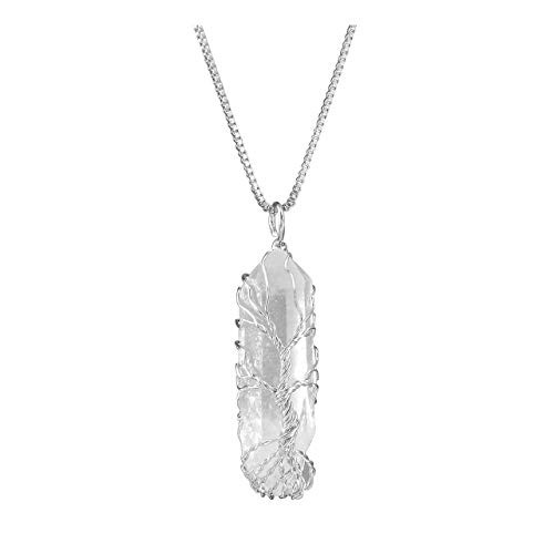 Top Plaza Natural Raw Stone Healing Crystal Necklace Silver Tree of Life Wire Wrapped Clear Quartz Point Pendant for Womens Ladies Top Plaza Natural Raw Stone Healing Crystal Necklace Silver Tree of Life Wire Wrapped Clear Quartz Point Pendant for Womens Ladies