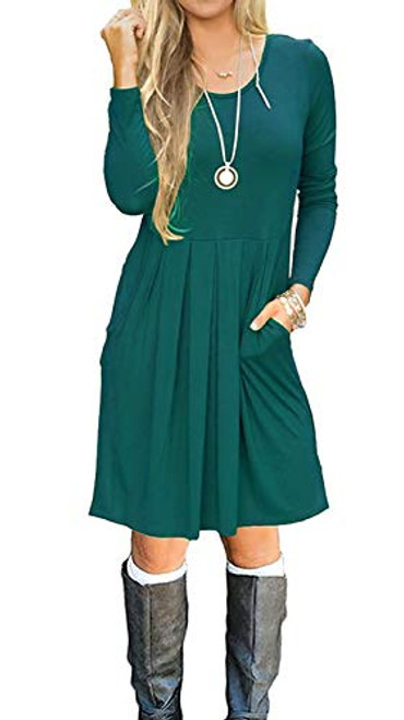 AUSELILY Womens Long Sleeve Pleated Loose Swing Casual Dress with Pockets Knee Length L Dark Green