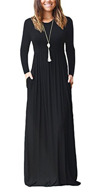 AUSELILY Womens Round Neck Casual Loose Maxi Long Dresses with Pockets L Black