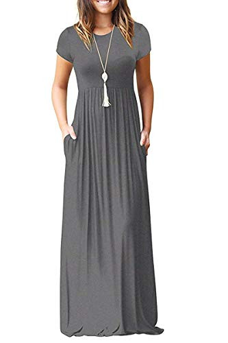AUSELILY Women Short Sleeve Loose Plain Casual Long Maxi Dresses with Pockets S Gray