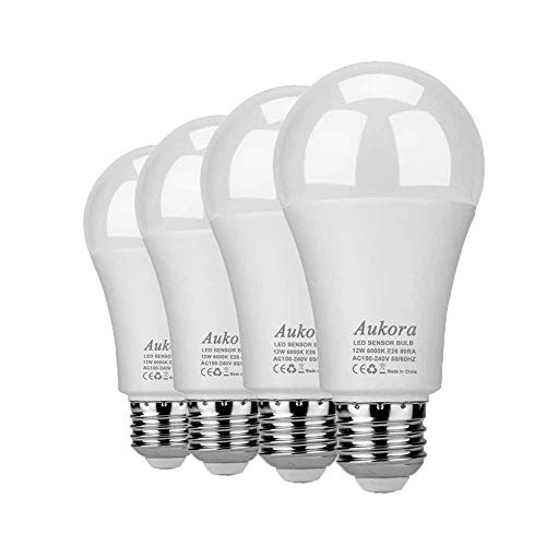 Aukora Dusk to Dawn Light Bulbs 4 Pack 12W 100Watt Equivalent 1000lm Smart Sensor Light Bulb indoor E26E27 6000K Daylight A19 Led outdoor Light Bulb for Porch Yard Garage Garden PatioCool White