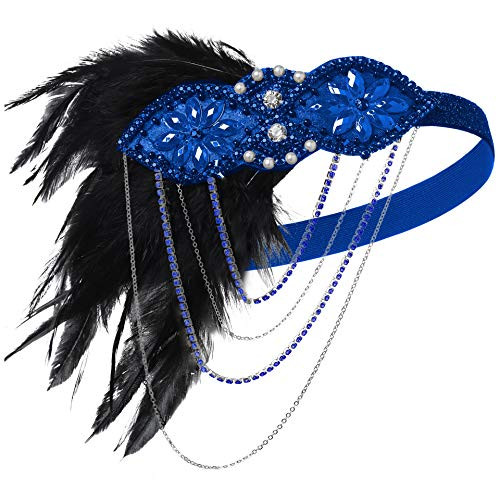 BABEYOND 1920s Flapper Headband 20s Great Gatsby Headpiece Black Feather Headband 1920s Flapper Gatsby Hair Accessories Blue