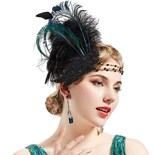 BABEYOND Art Deco 1920s Flapper Headpiece Roaring 20s Great Gatsby Feather Headband 1920s Flapper Gatsby Accessories Black