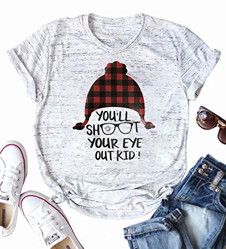 Youll Shoot Your Eye Out Kid Story Movie T Shirt Women Buffalo Christmas Plaid Hat Graphic Short Sleeve Tee Top Gray