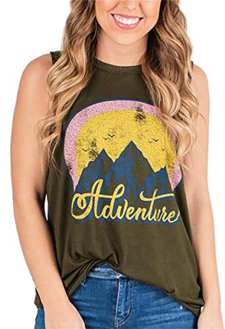 ASTANFY Tank Tops for Women Summer Tops Hiking Mountain Shirt Graphic Tees Letter Print Sleeveless Casual Tops Green