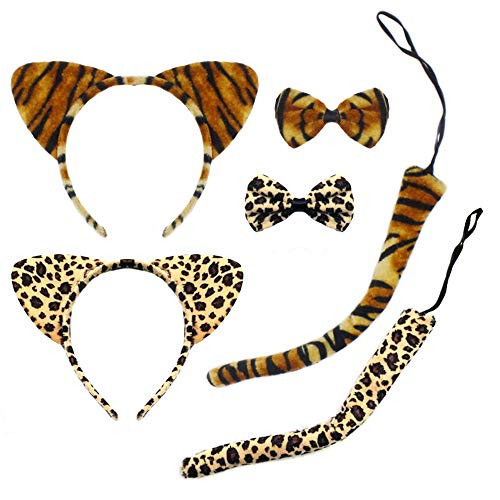 Halloween Cat Ears Headband Kitty Bow Tie Tail Women Girls Cute Hair Hoops Party Decoration Cosplay Costume Handmade Cat Headpiece Kitten Hair Band Accessories Set 2 Pack Leopard Print  Tiger