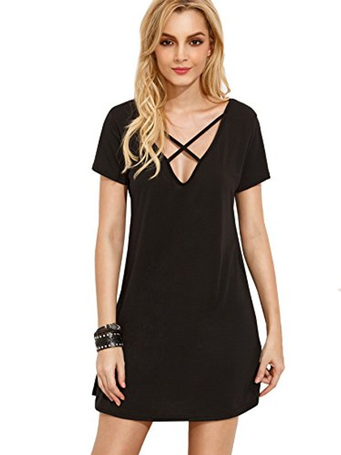 Romwe Womens Summer Short Sleeve Loose Tunic Casual TShirt Dress Black M Romwe Womens Summer Short Sleeve Loose Tunic Casual TShirt Dress Black M