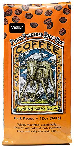 Ravens Brew Coffee Ground Three Peckered Billy Goat  Dark Roast  Breakfast Coffee Bliss With an Instant Caffeine Supercharge  Delicious as Espresso  12oz Bag
