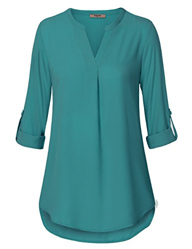 Timeson Womens Tops and Blouses Womens Casual Chiffon V Neck Cuffed Sleeve Blouse Tops XXLarge Deep Cyan