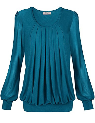 Timeson Tunic Tops for Leggings for Women Womens Long Sleeve Tunic Blouses Scoop Neck Pleated Front Fitted Blouse Shirt for Office Work Medium Deep Cyan