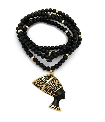 Shiny Jewelers USA Ancient Egyptian Queen Nefertiti Pendant 6mm 30 Wooden Bead Chain Necklace Black  Gold Bead