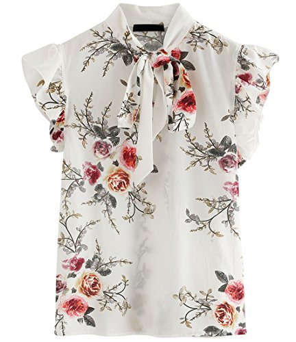 ROMWE Womens Floral Print Short Sleeve Ruffle Bow Tie Blouse Top Shirts White XL