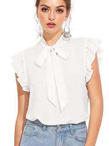 Romwe Womens Solid Casual Short Sleeve Ruffle Trim Bow Tie Blouse Top Shirts White S