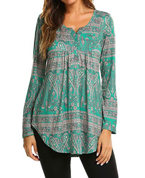 Womens Tops for WorkHalife Floral Print V Neck Pleated Casual Blouse Office Wear Dark Green L