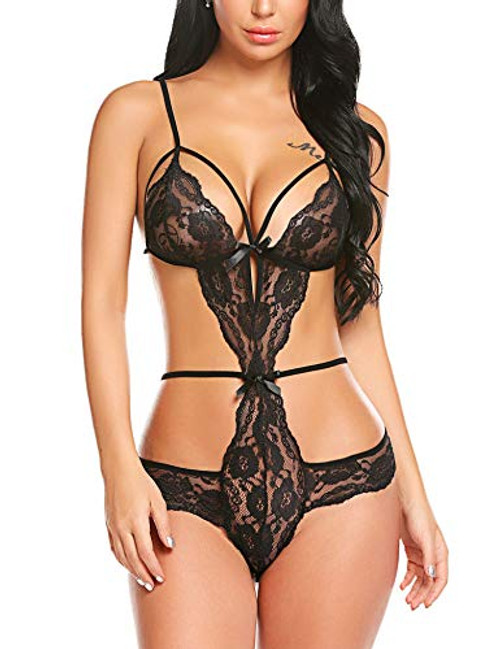 Avidlove Women Lace Lingerie Deep V Teddy One Piece Babydoll Mini Bodysuit Black M